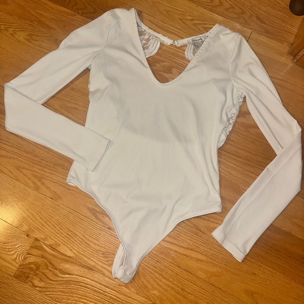 White Open Back Lace Long Sleeve Bodysuit women XS